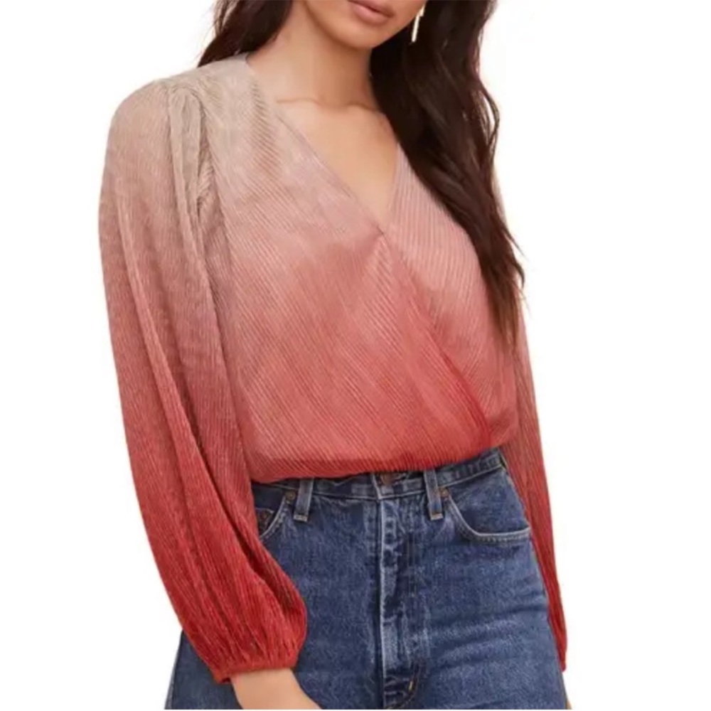 ASTR the Label Pleated Long Sleeve Surplice Top